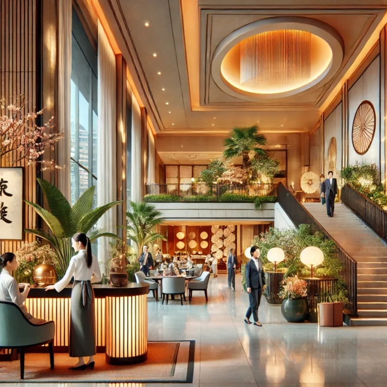 Luxurious hotel lobby with warm lighting a curved reception desk and staff assisting guests near tropical plants and seating areas