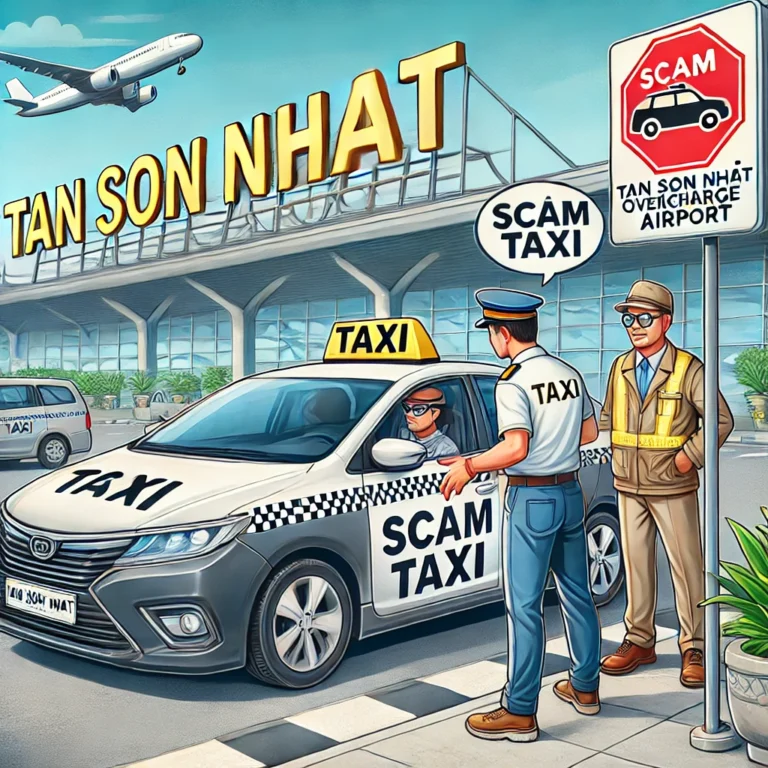 Cartoon scene of an airport taxi labeled SCAM TAXI with a driver and passenger near the car signaling a scam warning